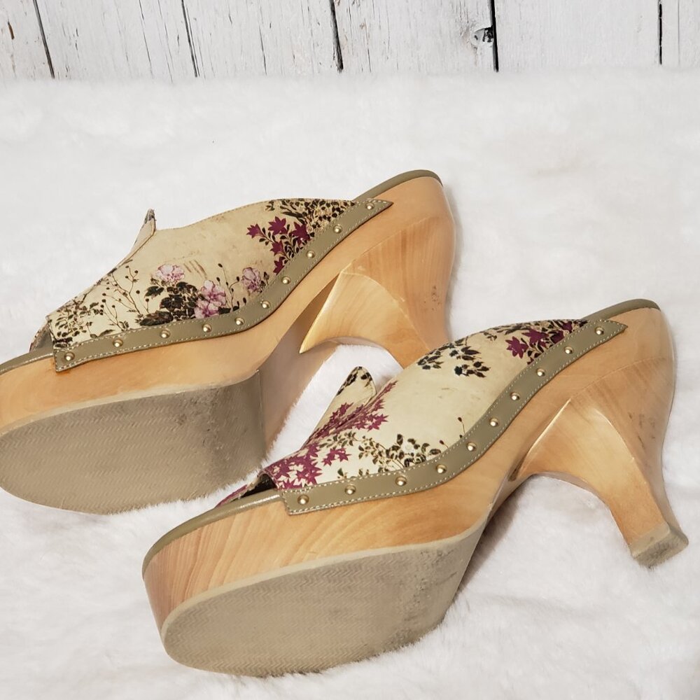 Jeon Art to Wear 9M Leather Heels Clogs Mules Italy Wood Floral Boho Indie Retro - Picture 4 of 11